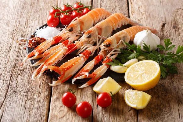 Preparation Cooking Raw Langoustine Scampi Vegetables Herbs Spices Close Board — Stock Photo, Image