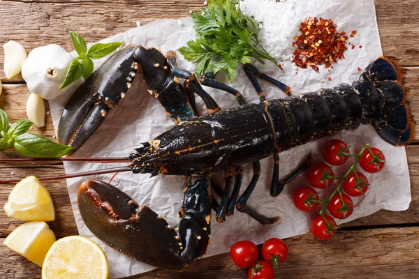 Deniz Ürünleri Çiğ Gıda Tablo Sebzeler Otlar Baharatlar Yakın Çekim — Stok fotoğraf