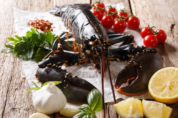 Fundo Frutos Mar Lagosta Crua Com Ingredientes Close Uma Mesa — Fotografia de Stock