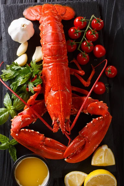 Prato Marisco Crustáceos Com Lagosta Fervida Fresca Com Legumes Ervas — Fotografia de Stock