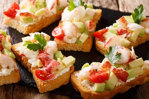 Beautiful Food Background Sandwiches Lobster Avocado Tomatoes Cream Cheese Macro — Stock Photo, Image