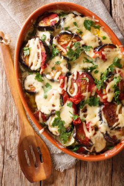 Fırında patlıcan domates ve mozzarella peyniri ve parmesan yakın çekim pişirme için bir tabak içinde. Abov gelen dikey üstten görünüm