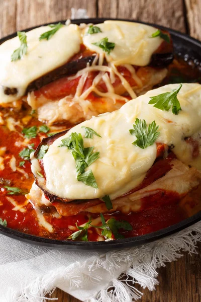 Italian Chicken Sorrentino Baked Eggplant Prosciutto Cheese Marinara Sauce Close — Stock Photo, Image