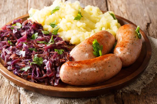 Roasted Sausages Red Sauerkraut Potatoes Close Plate Table Horizonta — Stock Photo, Image