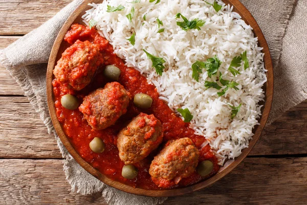 Traditional Greek Meatballs Tomato Sauce Rice Close Plate Table Horizontal — Stock Photo, Image