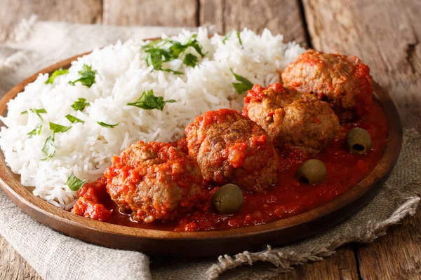 Traditional Greek Meatballs Tomato Sauce Rice Close Plate Table Horizonta — Stock Photo, Image