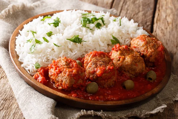 Greek Food Soutzoukakia Baked Meat Balls Spicy Tomato Sauce Served — Stock Photo, Image