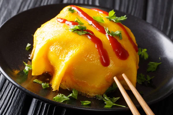 Pirinç, tavuk, sebze ve domates sosu o lezzetli omlet