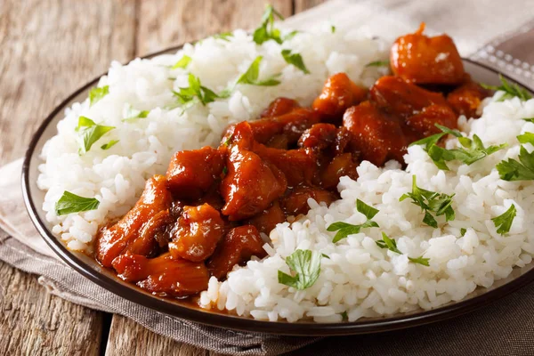 Stewed Bourbon Chicken Sauce Whiskey Sugar Ginger Soy Served Rice — Stock Photo, Image