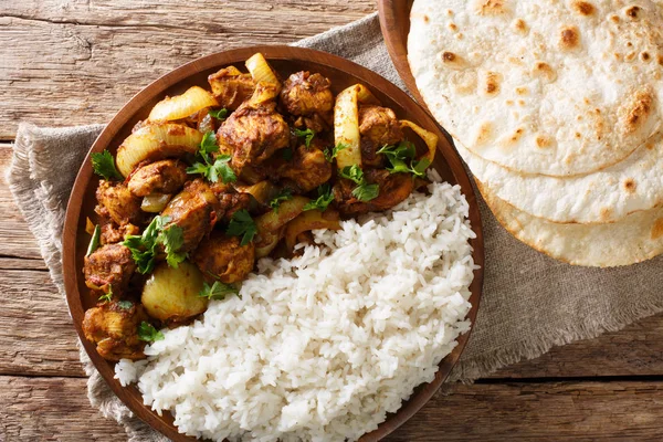 Traditional Recipe Indian Chicken Pyaza Dopiaza Onion Spice Garnish Rice — Stock Photo, Image