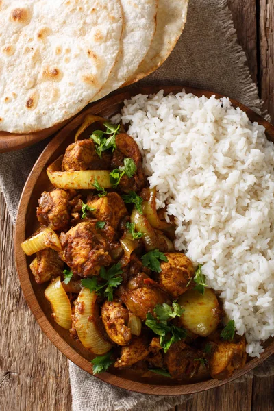 Spicy Indian Chicken Pyaaza Onions Served Garnish Rice Close Plate — Stock Photo, Image