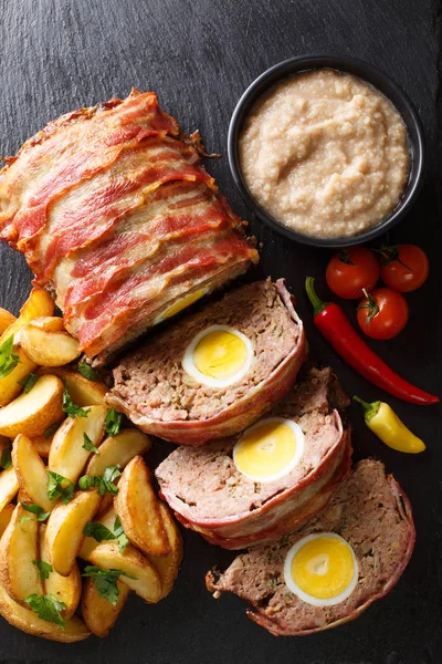 Hackbraten Meat Loaf Egg Served Potato Wedges Sauce Close Slate — Stock Photo, Image