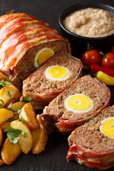 Hackbraten Meat Loaf Egg Served Potato Wedges Sauce Close Slate — Stock Photo, Image