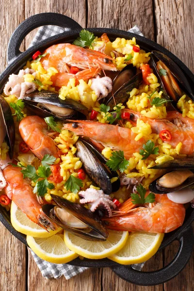 Spanyol Paella Karides Midye Balık Bebek Ahtapot Yakın Çekim Bir — Stok fotoğraf