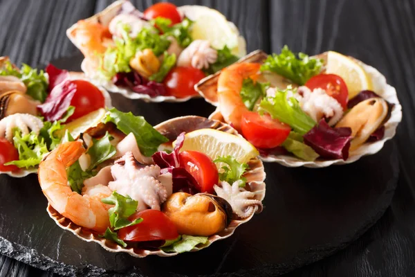 Seafood Cocktail Cooked Shrimp Baby Octopus Mussels Squid Scallops Seashells — Stock Photo, Image
