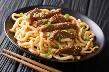 Geleneksel kızartma beef teriyaki masaya bir tabak udon, havuç ve yeşil soğan yakın çekim ile devam eder. Horizonta