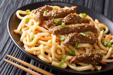 Teriyaki sosu ve susam ile kızarmış dana masaya bir tabak udon, havuç ve yeşil soğan yakın çekim ile devam eder. Horizonta