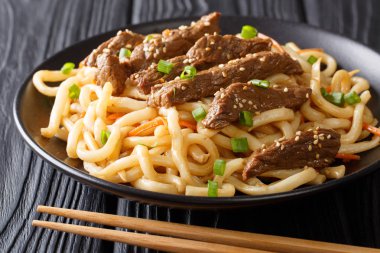 Asya baharatlı teriyaki sığır eti udon, havuç ve yeşil soğan closeup masada bir tabakta servis. Horizonta