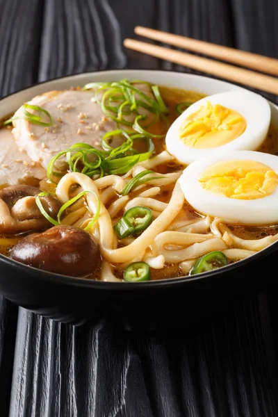 Asiatische Suppe Mit Udonnudeln Schweinefleisch Eiern Shiitake Und Zwiebeln Großaufnahme — Stockfoto