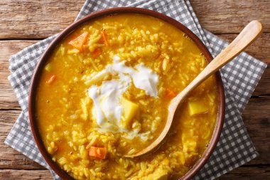 Mulligatawny çorba sıcak lezzet birçok katmanı vardır. Köri, sarımsak, zencefil ve sebzeler ile. Hint-İngiliz mutfağı. Abov üzerinden yatay üstten görünüm