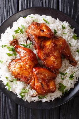 Sarımsak, soya sosu, zencefil ve bal, bir sürü ile pişmiş baharatlı yarım tavuk servis ile masaya bir tabak yakın çekim pirinç. Abov gelen dikey üstten görünüm