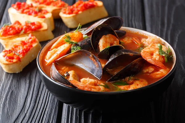 Traditional Recipe French Bouillabaisse Soup Seafood Fish Close Bowl Served — Stock Photo, Image