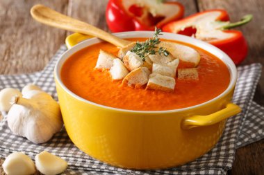 Tablo kruton ve otlar yakın çekim ile taze ışık dolmalık biber çorbası. Horizonta