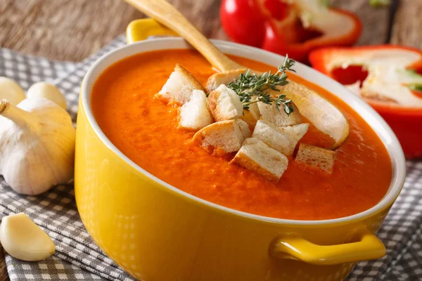 Tatlı biber ile tablo kruton ve otlar yakın çekim yaz kalın krem çorbası. Horizonta