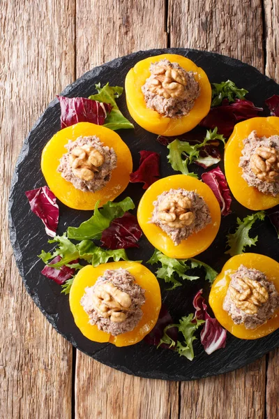 Beautiful Starter Peaches Stuffed Tuna Mousse Decorated Walnuts Close Table — Stock Photo, Image