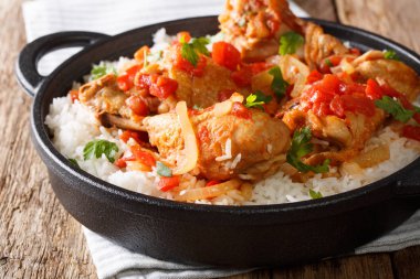 Haiti tavuk ile beyaz pirinç yakın çekim bir tavada masaya servis bir baharatlı domates soslu ihtiva eder. Horizonta