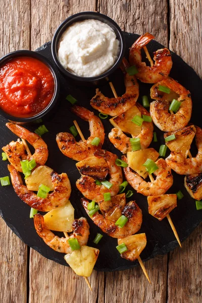 Spicy Shrimp Kebab Pineapples Served Two Sauces Close Table Vertical — Stock Photo, Image