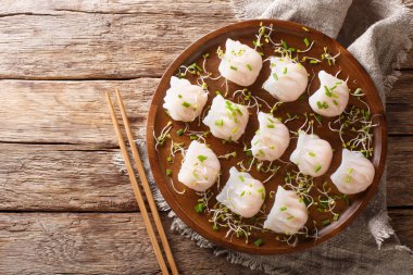 Çin dim sum karides ile masaya microgreen yakın çekim ile devam eder. abov üzerinden yatay üstten görünüm