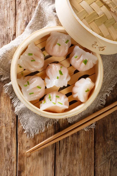 Dim Sum Bambusový Pařák Čínská Kuchyně Closeup Rustikální Styl Vertikální — Stock fotografie