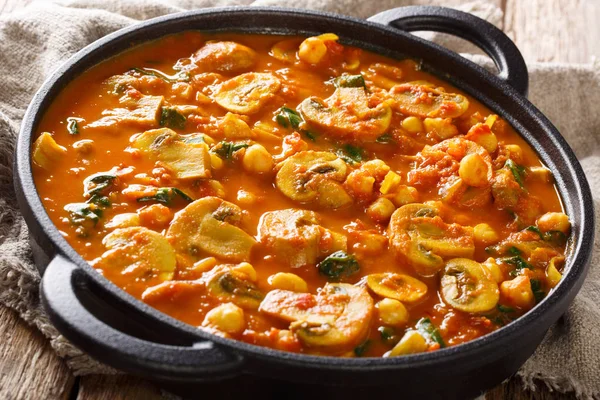 Vegan Indiska Svamp Curry Med Spenat Tomater Och Kikärter Närbild — Stockfoto