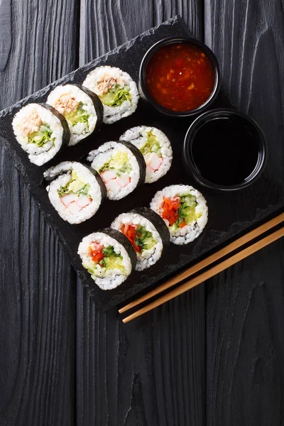 Freshly Made Rolls Various Fillings Served Soy Chili Sauces Close — Stock Photo, Image