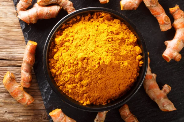 Fresh Turmeric Spice Bowl Root Close Table Horizontal Top View — Stock Photo, Image