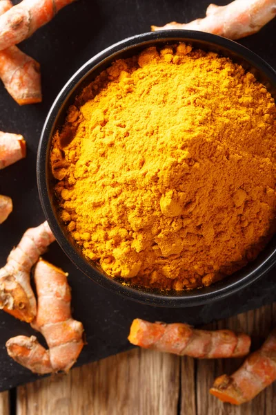 Ground Fresh Turmeric Bowl Root Close Table Vertical Top View — Stock Photo, Image