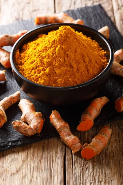 Fresh Turmeric Spice Bowl Root Close Table Vertica — Stock Photo, Image