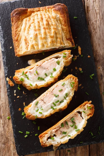 Traditional Puff Pastry Pie Stuffed Salmon Cheese Close Table Vertical — Stock Photo, Image