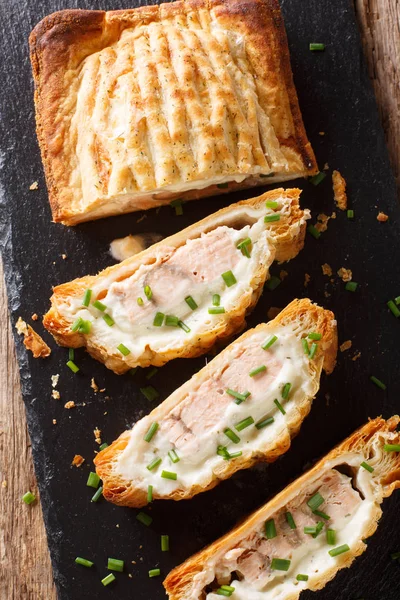 Baked Salmon Pie Cheese Close Table Vertical Top View Abov — Stock Photo, Image