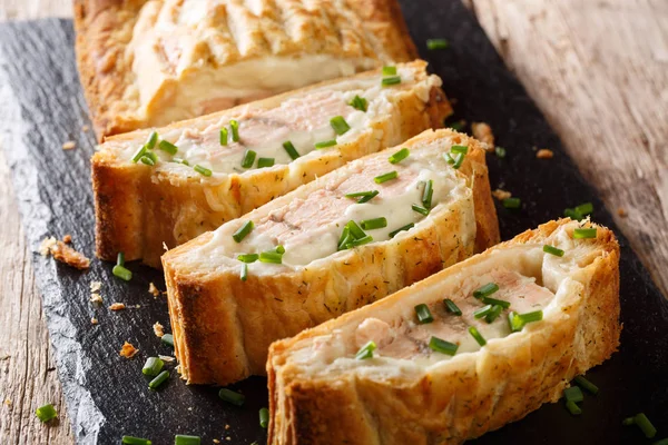 Sliced Puff Pastry Pie Stuffed Salmon Cheese Close Table Horizonta — Stock Photo, Image