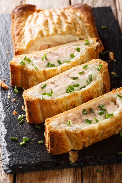 Traditional Puff Pastry Pie Stuffed Salmon Cheese Close Table Vertica — Stock Photo, Image