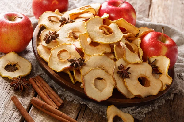 Organic chips from fresh apples close-up on a plate on the table. horizonta