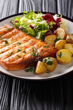 Sağlıklı öğle yemeği kızarmış patates ve taze salata yakın ahşap bir masa üzerinde bir plaka üzerinde çekim ile kılıç balığı fileto ızgara. Vertica