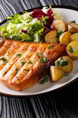 Patates kızartması ve taze salata yakın ahşap bir masa üzerinde bir plaka üzerinde çekim ile ızgara kılıç balığı fileto. Vertica