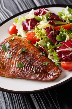 Fried pike fileto Taze sebze salatası yakın bir plaka üzerinde çekim ile devam eder. Vertica