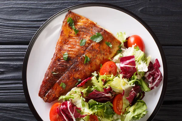 Fried Pike Fillet Served Fresh Vegetable Salad Close Plate Horizontal — Stock Photo, Image