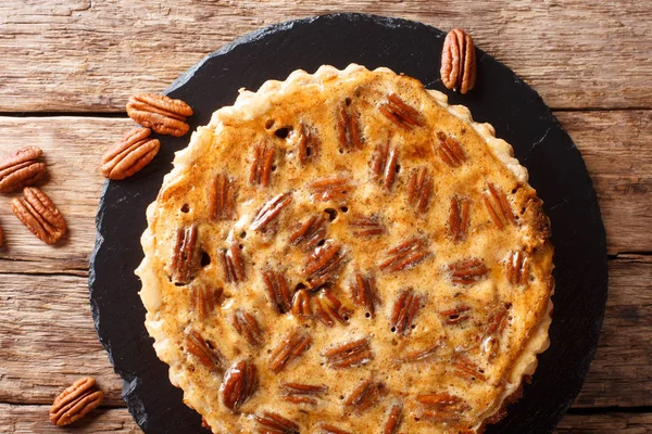 Ameryki Południowej Pecan Tart Zbliżenie Boardzie Łupek Stole Poziomy Widok — Zdjęcie stockowe