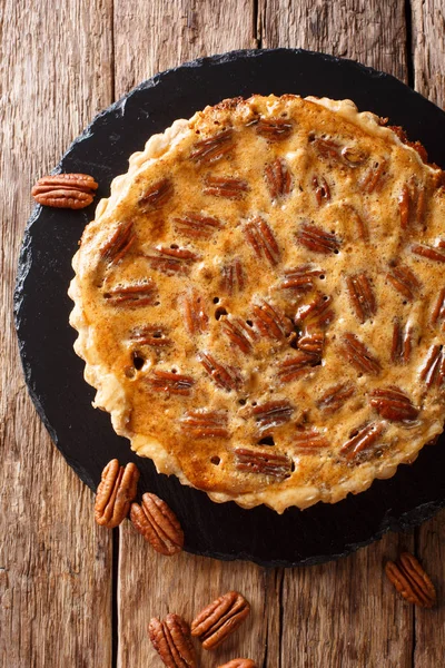 South American Pecan Tart Close Slate Board Table Vertical Top — Stock Photo, Image