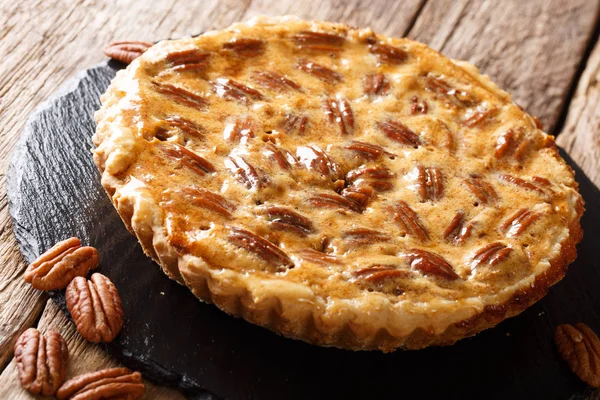 Pecan Dessert Tart Cinnamon Caramel Close Slate Board Table Horizonta — Stock Photo, Image